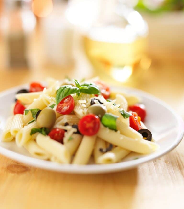 mediterranean pasta salad on a plate.